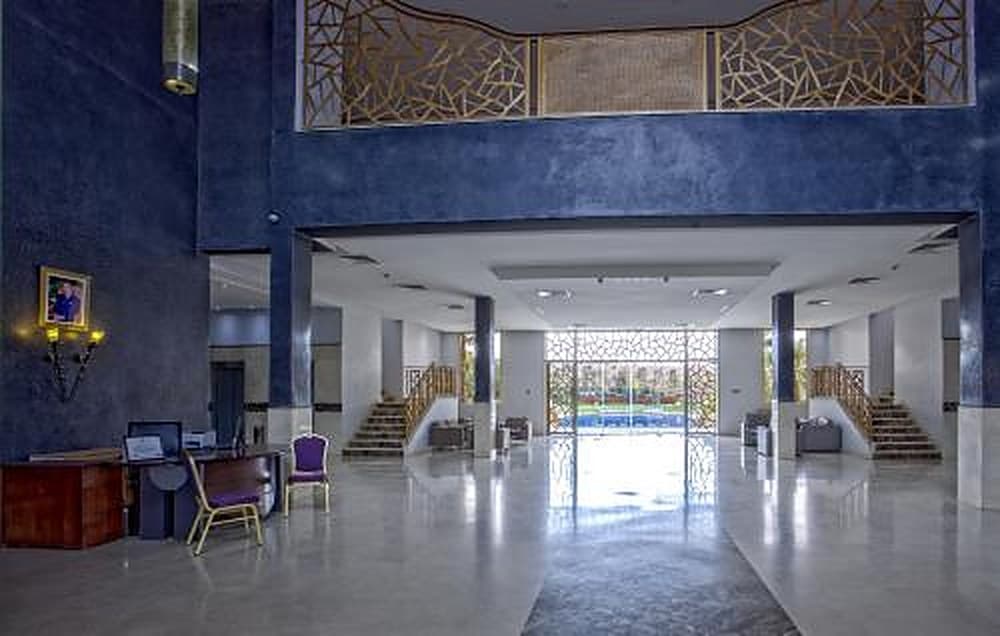 The lobby with its high ceilings and carved Moroccan screens