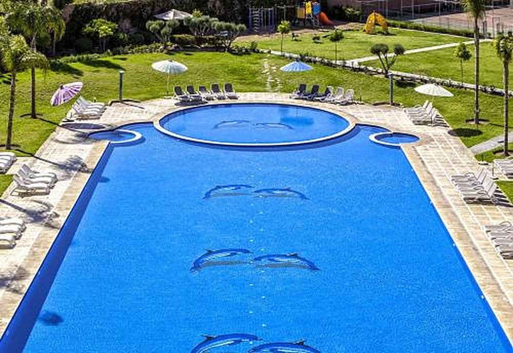 Pool with dolphin mosaics beside the gardens